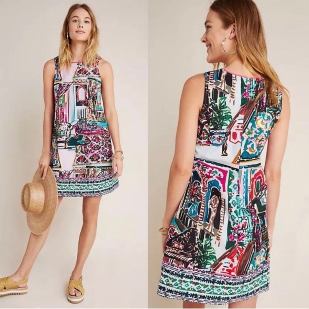 NWT Anthropologie Amelia Shift Dress XS Museum Parlor Print Pockets Multicolor